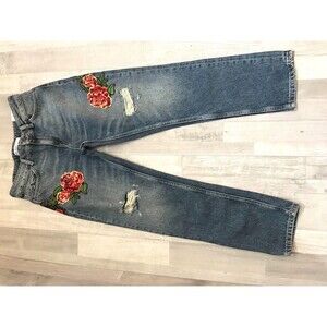 Zara Women Basic Z1975 Denim Jeans Distressed Ripped Floral Embroider Pants Sz 2
